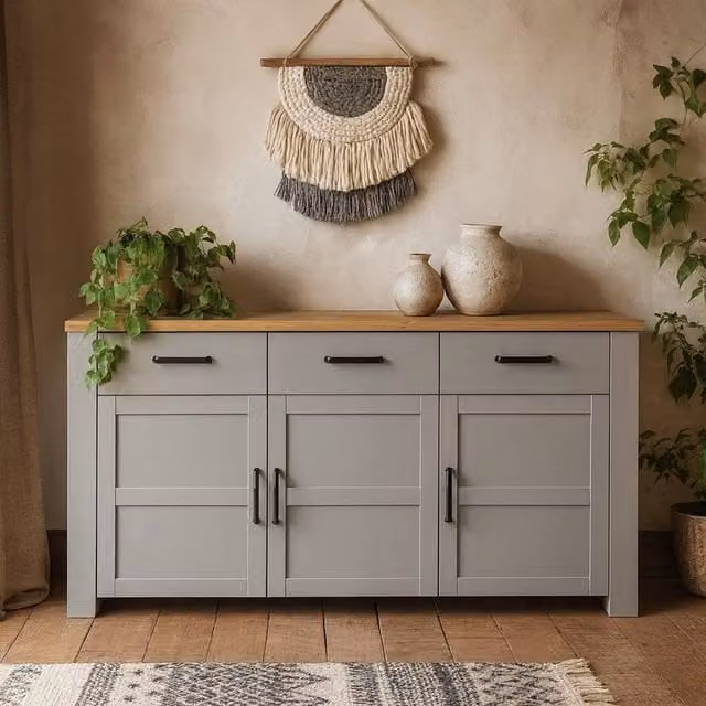Wyld Haus Bramblecroft Grey and Natural Oak Wide Sideboard with 3 Doors and 3 Soft-Close Drawers W/D/H: 166 x 42 x 87.2 cm – 1