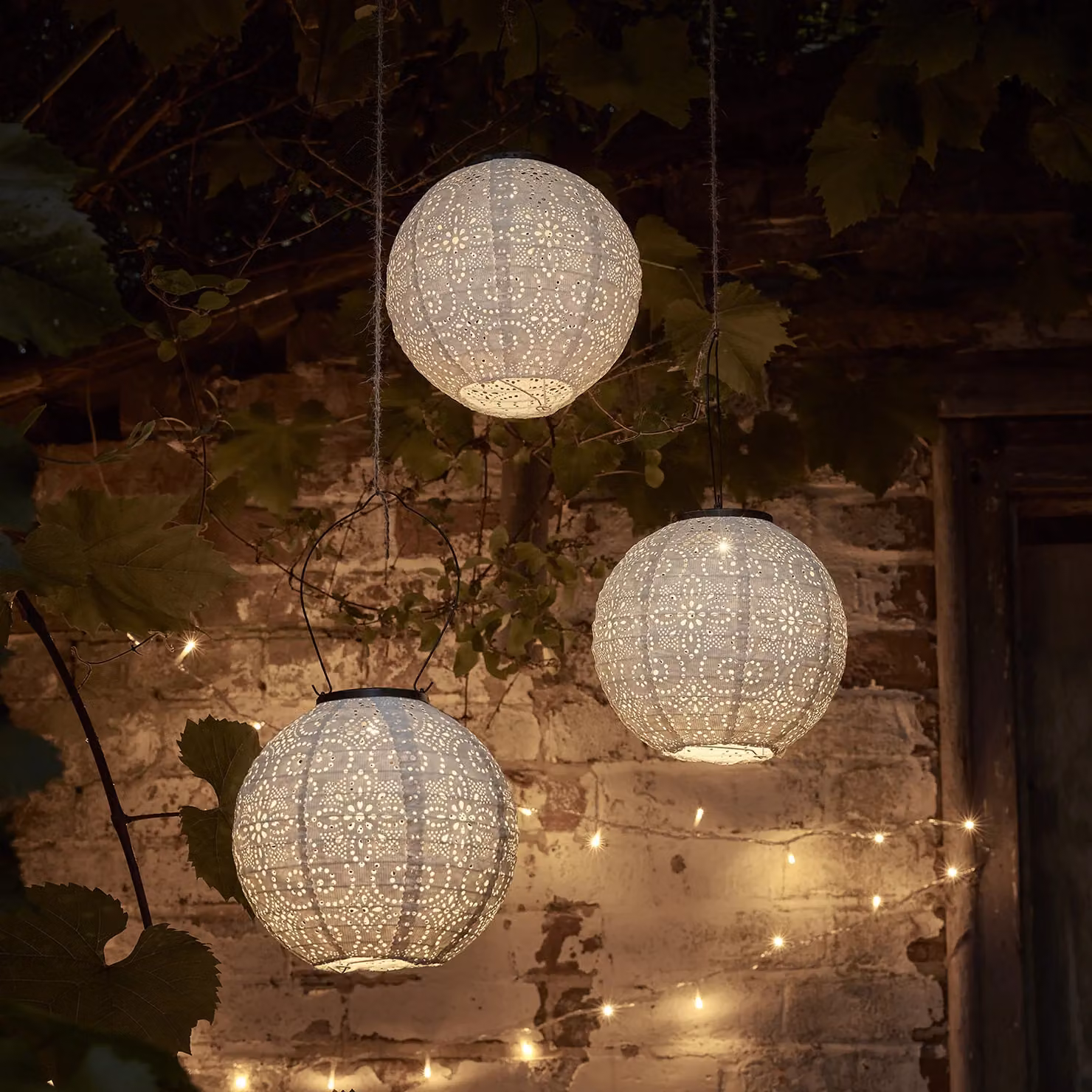 Set of 3 White Moroccan Hanging Solar Lanterns by Lights4fun