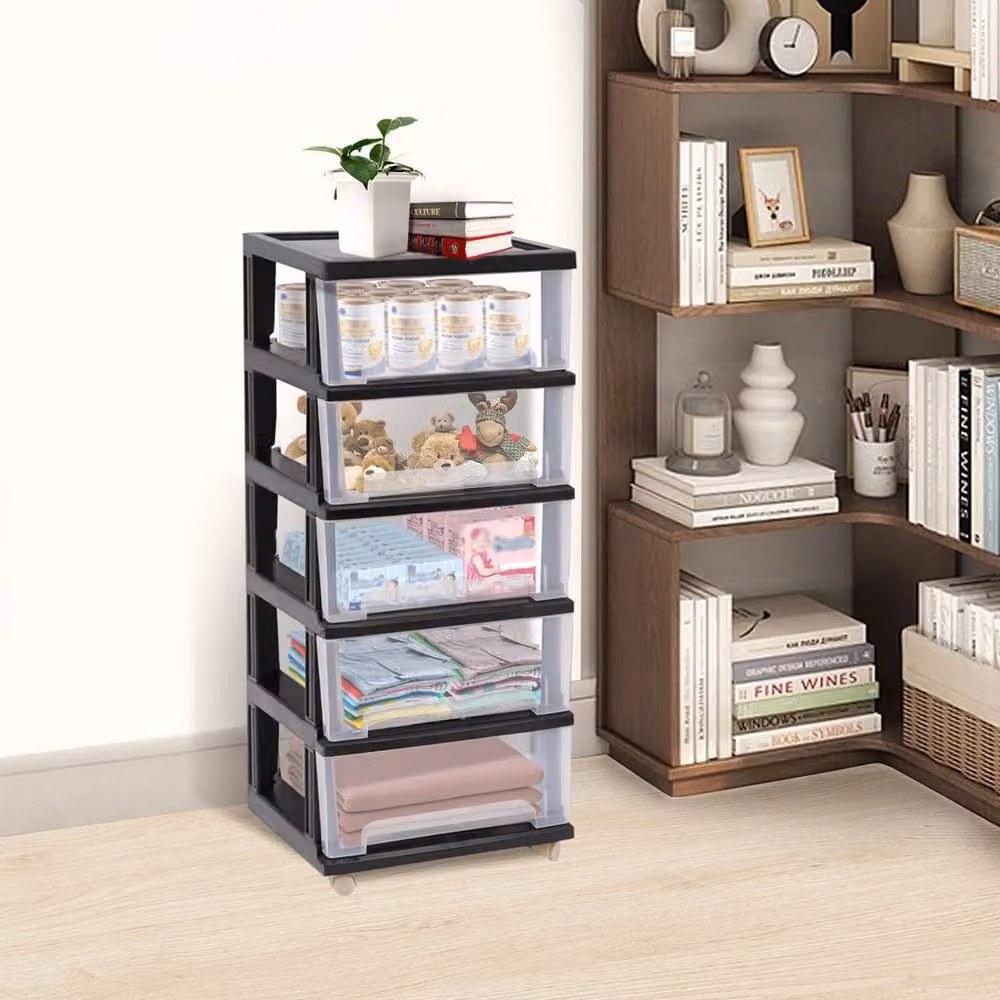 Kelvenix Black Fabric 5 Drawer Storage Chest Tower Cabinet with Castors – 4