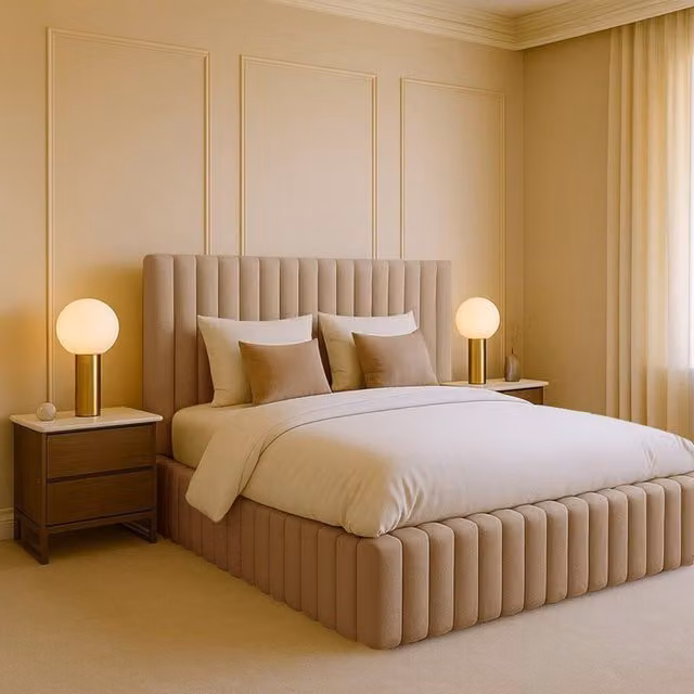 Desire Deco Brantley Plush Velvet Upholstered Panel Bed Frame, Beige – 1