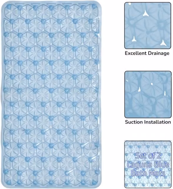 Showerdrape Laguna Anti Slip Blue PVC Bath Mat, 2 Pack, W: 68 cm, D: 37 cm