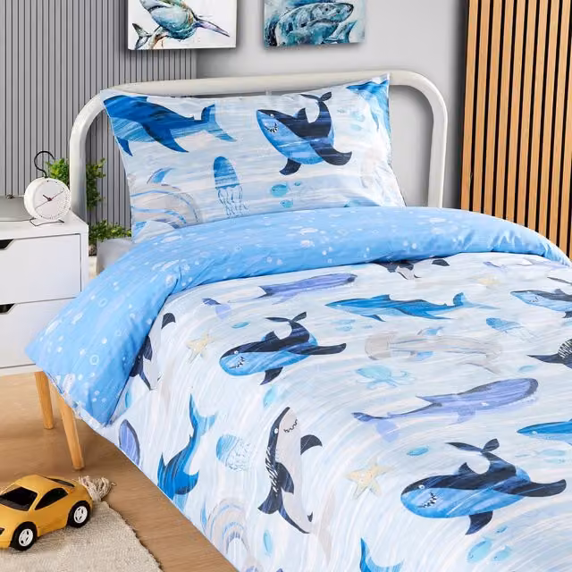 NewEdgeBlinds Reversible Blue Cotton Childrens Animal Graphic Duvet Cover, W/D/H: 90 x 190 cm