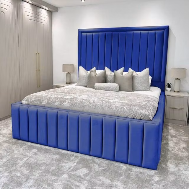 Living Comfort Bedz Hampton Upholstered Slatted Base Bed with 54-Inch Panel Headboard in Blue Velvet, W/D/H: 180 x 200 cm