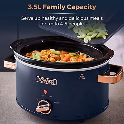 Tower Cavaletto 3.5 Litre Slow Cooker in Blue and Gold with Keep Warm Function and Dishwasher Safe Parts – 3