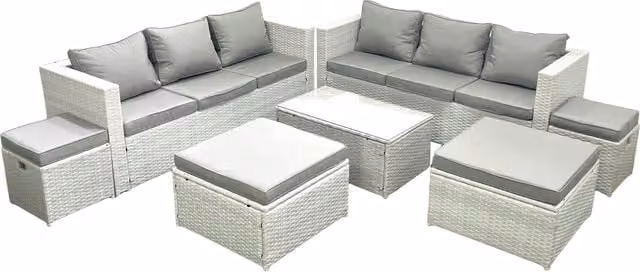 Fimous 7 Piece Rattan Garden Furniture Set with Sofa, Coffee Table and 4 Footstools in Light Grey