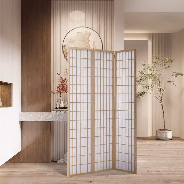Livingandhome Japanese Oriental Geometric Folding Wooden Room Divider in Brown and White, Height: 130 cm