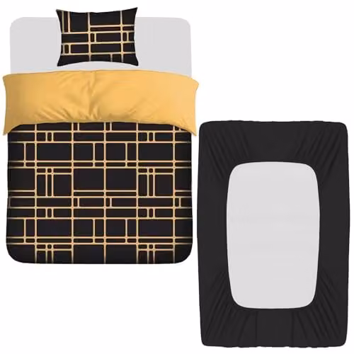 Pamposh 3 Piece Single Duvet Cover Set with Black Fitted Sheet, Reversible Breathable Microfibre Bedding Set, Duvet Cover 135 x 200 cm, Pillowcase 50 x 75 cm, Fitted Sheet 90 x 190 cm, Depth: 40 cm – 1