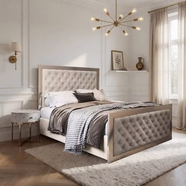 Casani Latimer Upholstered Velvet Designer Bed Frame in Beige with Metal Details, Super King, 200 x 200 cm
