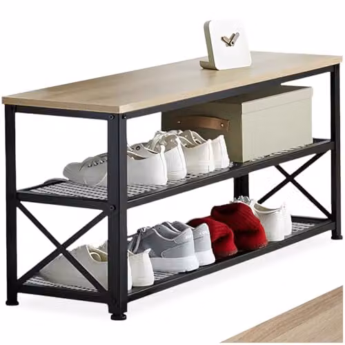 tectake 3-Tier Industrial Shoe Rack with Wood-Look Top Shelf and Black Metal Frame, W/D/H: 101 x 30.5 x 45.5 cm
