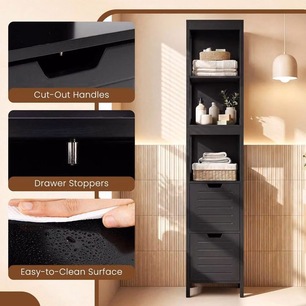 KORVIXA Narrow Freestanding Floor Cabinet with 2 Drawers in Black Wood – 4