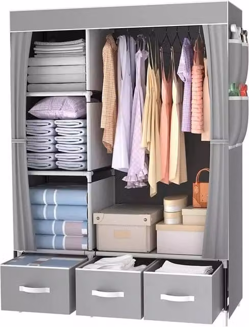 KORVIXA Grey Fabric Canvas Wardrobe with Hanging Rod and Roll Shutter Doors, W/D/H: 100 x 100 x 100 cm – 1