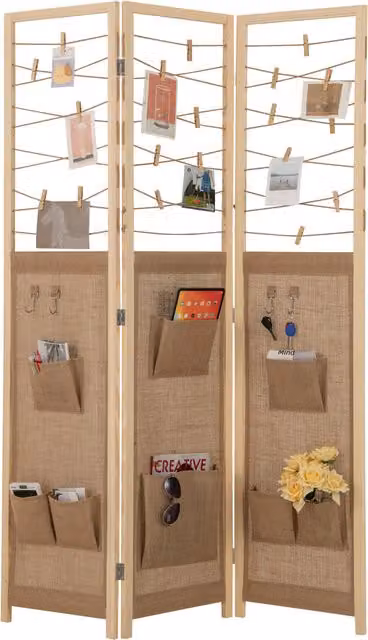 COSTWAY 3-Panel Folding Room Divider Display Stand in Rustic Brown Pine Wood