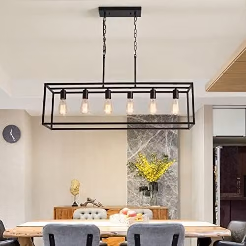 Garwarm 6 Light Rectangular Black Metal Chandelier for Kitchen Islands and Dining Rooms