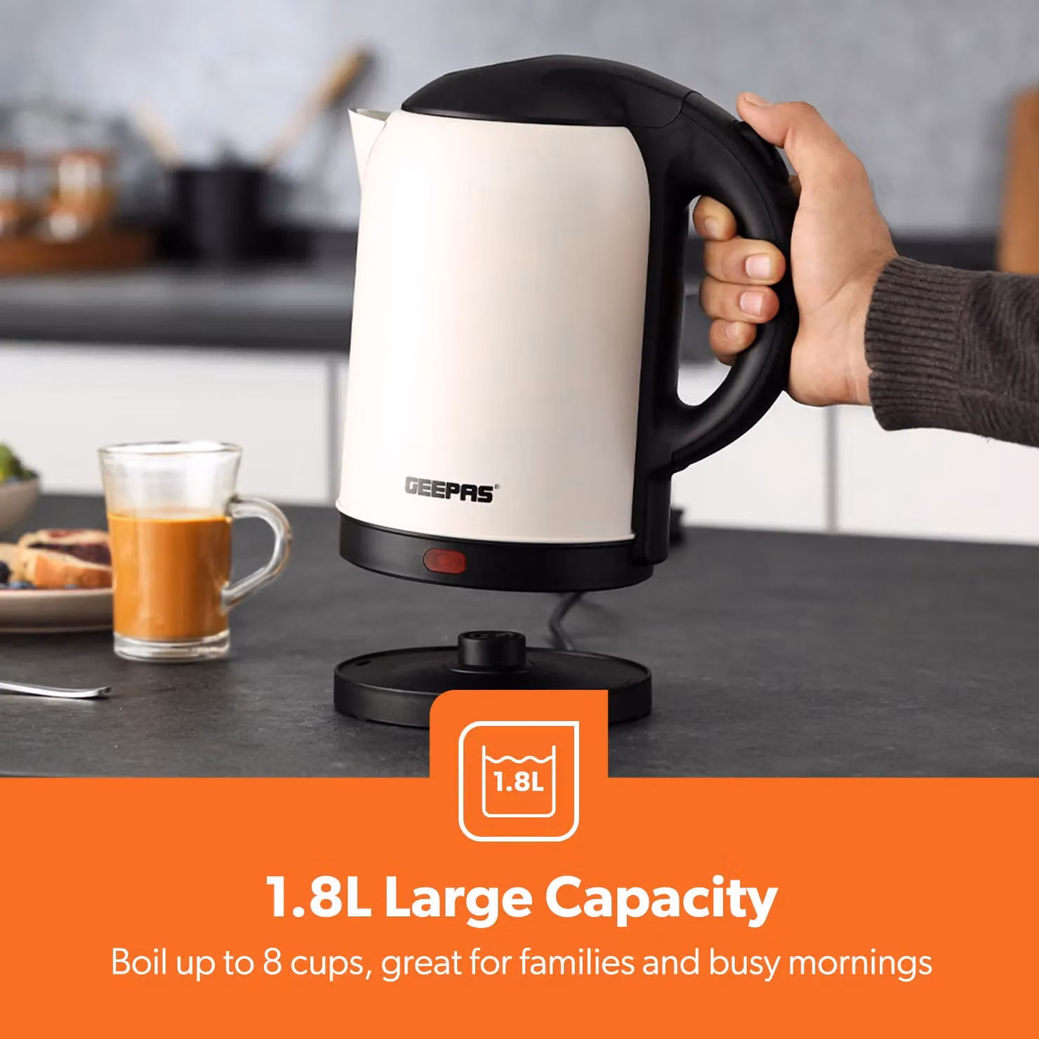 Geepas 1.8L Cordless Stainless Steel Rapid Boil Jug Kettle with Auto Shut-off, 1800W, Cream and Black – 3