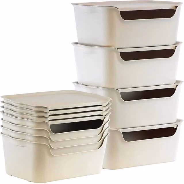 KORVIXA Set of 4 Stackable Plastic Storage Boxes with Lids in Beige, 90 x 90 cm – 1