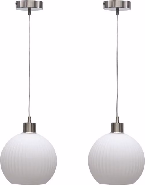 First Choice Lighting Betchley Set of 2 White Ribbed Glass Globe Pendant Lights with Satin Nickel Finish