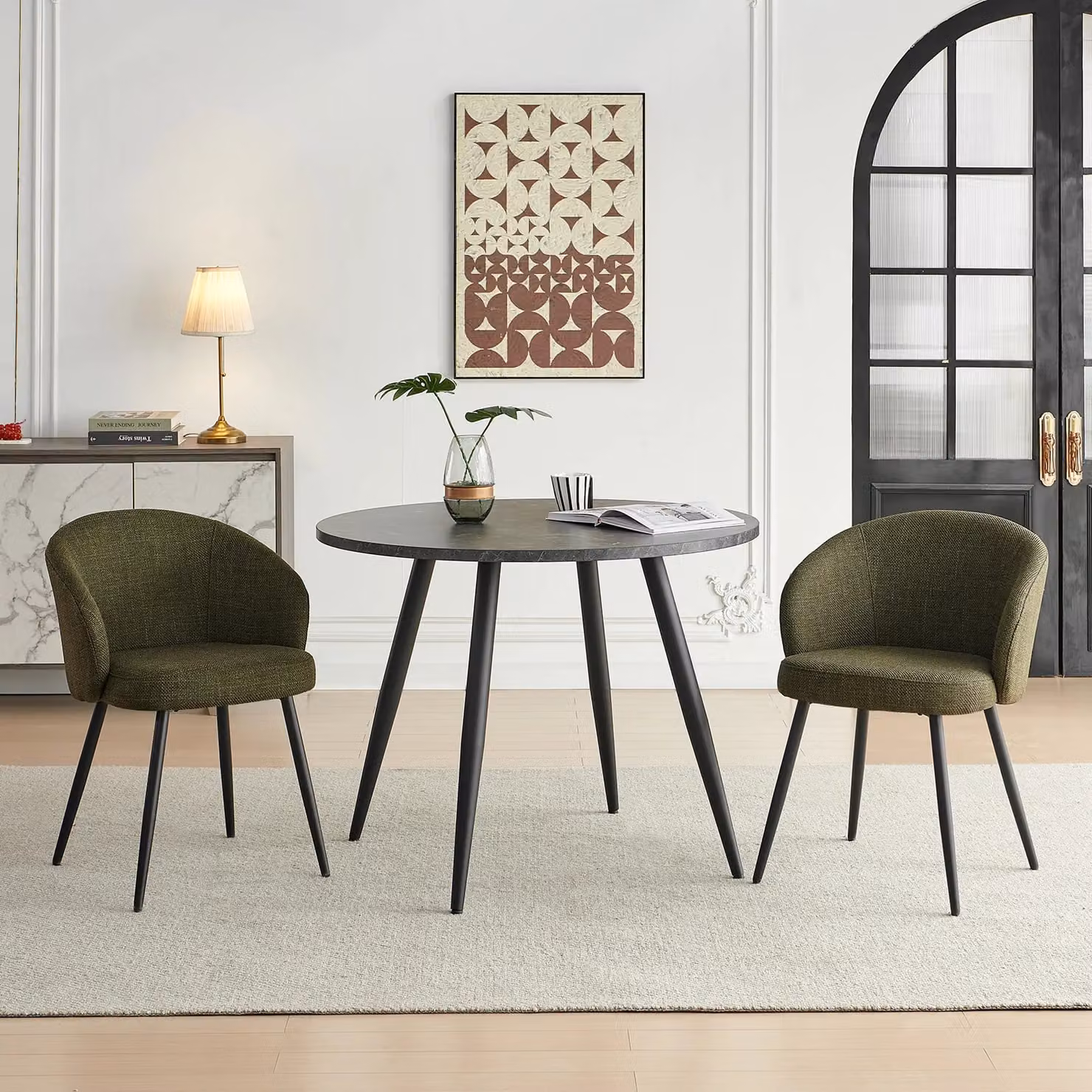 SONARA Modern Set of 2 Green Fabric Ergonomic Dining Chairs with Arms – 3