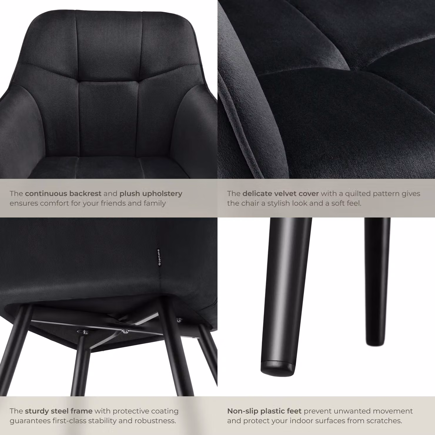 tectake Marilyn Set of 6 Modern Dining Chairs in Black Velvet with Armrests – 5