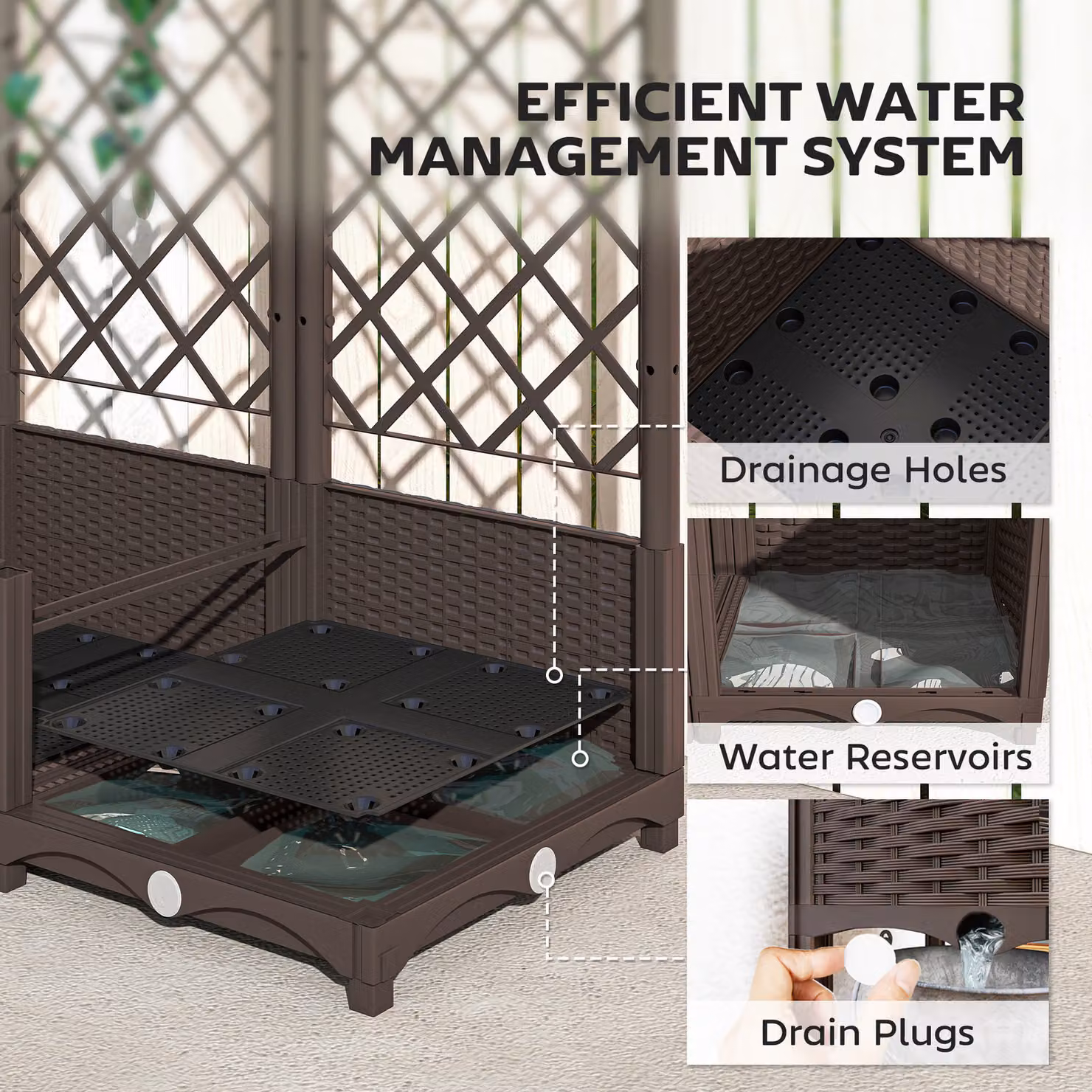 Outsunny Brown Plastic Raised Garden Bed with Trellis and Drainage Holes for Vegetables and Flowers, W/D/H: 123 x 80 x 38 cm – 5