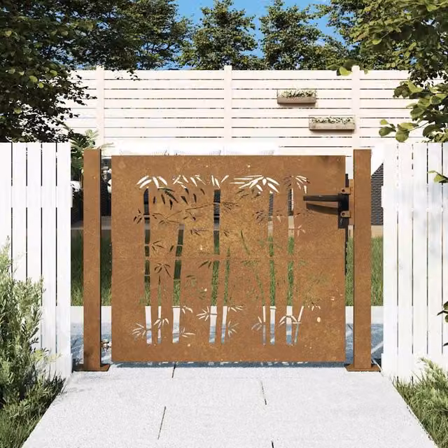 Berkfield Home Garden Gate in Brown Corten Steel with Bamboo Design, W/H: 105 x 105 cm