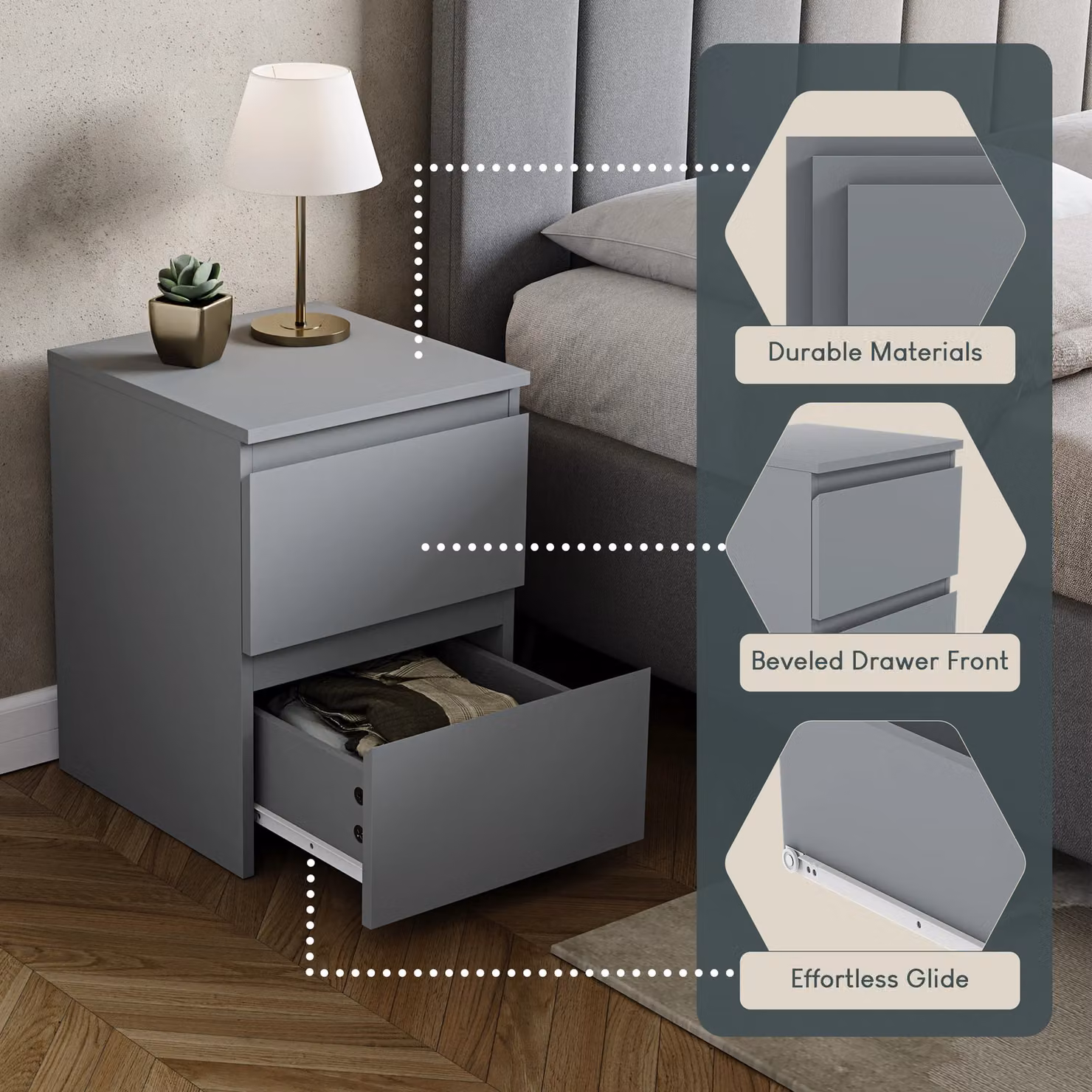 Vida Designs Denver 2 Drawer Bedside Table Chest in Grey – 3
