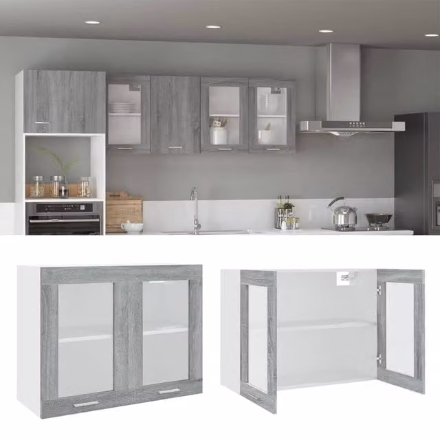 Berkfield Home Grey Sonoma Hanging Glass Cabinet with Glass Doors, W/D/H: 80 x 31 x 60 cm