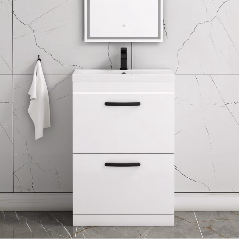 Royal Bathrooms Turin 600mm Gloss White Floor Standing 2 Drawer Mid-Edge Basin Vanity Unit with Matt Black Handles