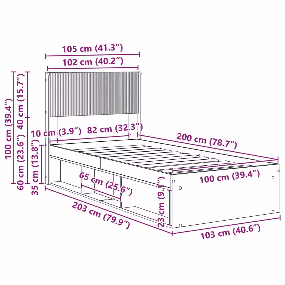 Berkfield Home Modern Bed Frame with Headboard and Side Compartment Storage, Sonoma Oak, Brown, W/D/H: 100 x 200 cm – 3