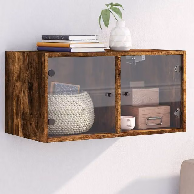 Berkfield Home Wall Mounted Cabinet with Glass Doors in Smoked Oak Brown, W/D/H: 68.5 x 37 x 35 cm – 1