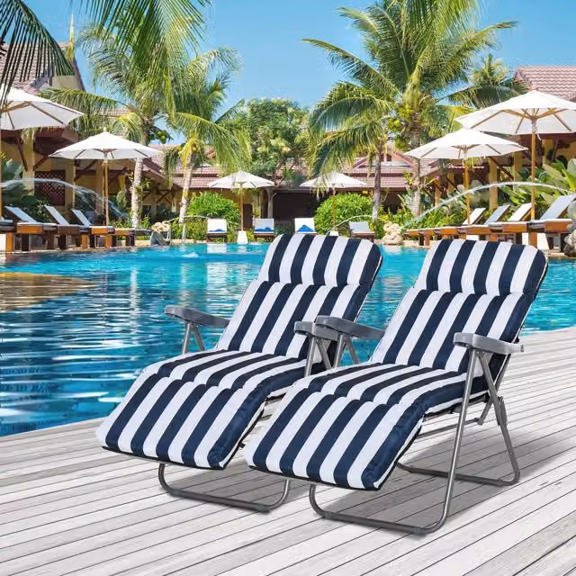 Outsunny Set of 2 Blue and Grey Reclining Sun Lounger Chairs with Armrests and Powder Coated Steel Frame