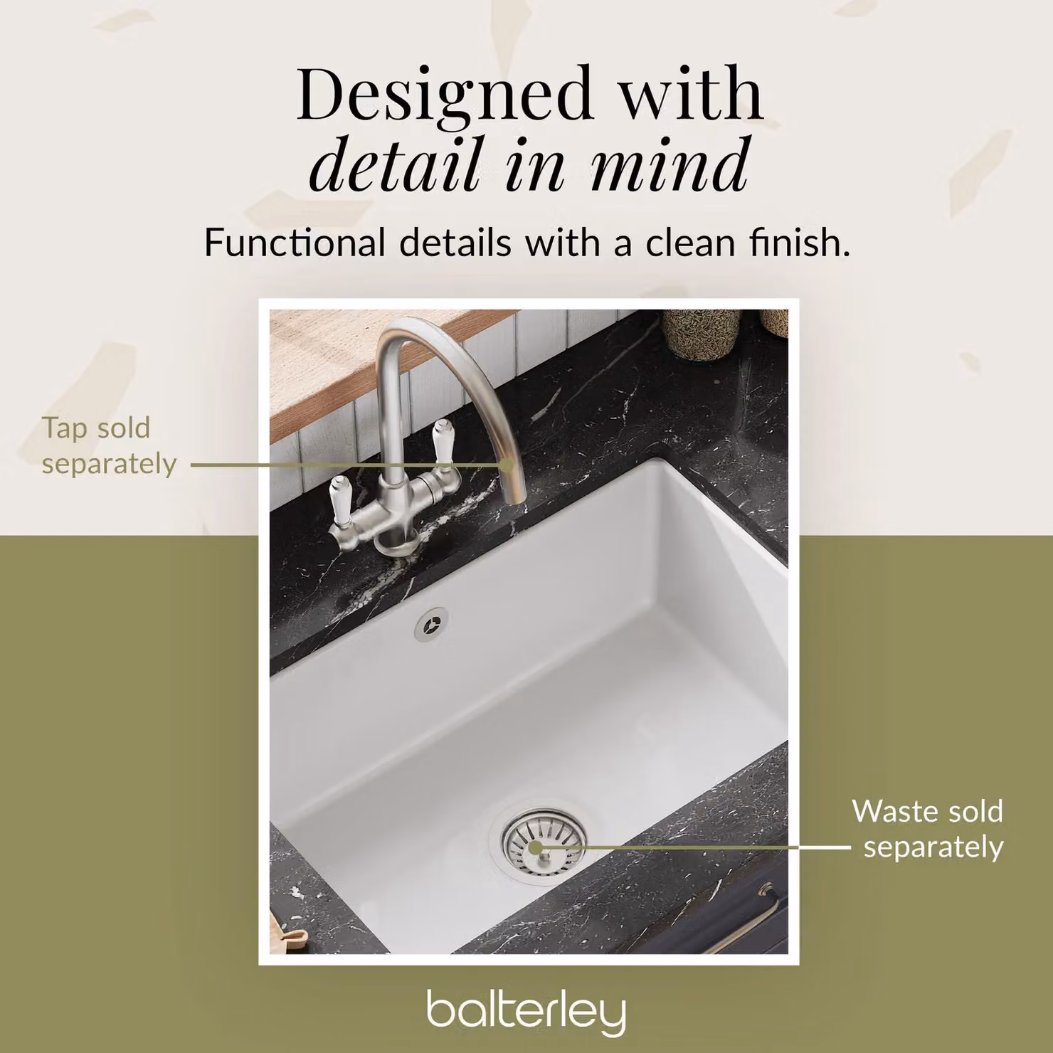 Balterley White Ceramic Fireclay 1 Bowl Undermount Kitchen Sink with Overflow W: 71.1 cm, D: 48.26 cm, H: 17.0 cm – 3