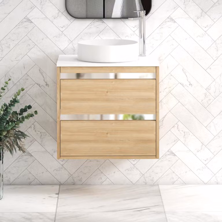 Royal Bathrooms Orion 600mm Wall Hung Vanity Unit in Natural Oak and White with 2 Drawers and Art Basin