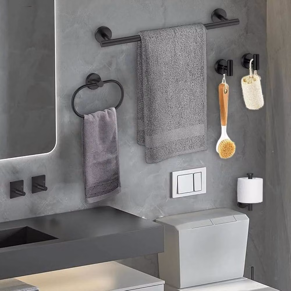 KORVIXA Wall-Mounted Stainless Steel Toilet Roll Holder and Towel Ring in Black – 3