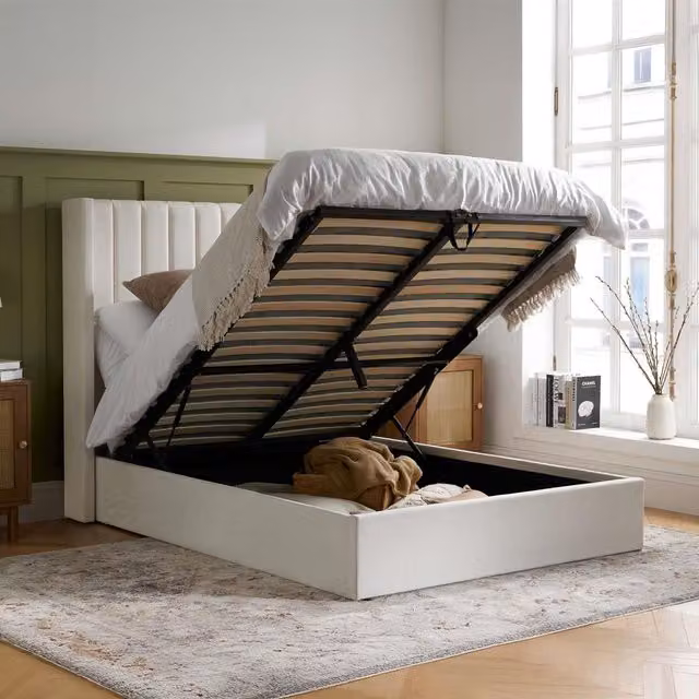 Birlea Maisey Ottoman Double Bed Frame in Cream Linen Fabric, W/D/H: 154 x 142 x 200 cm – 1