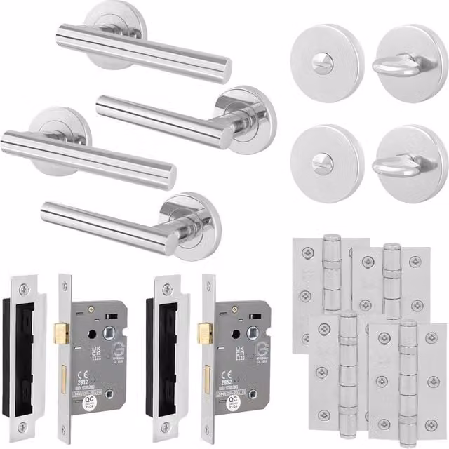 AFIT Chrome Bathroom Door Handles with WC Lock and Hinges, T-Bar Design, Silver, 2 Pack – 1