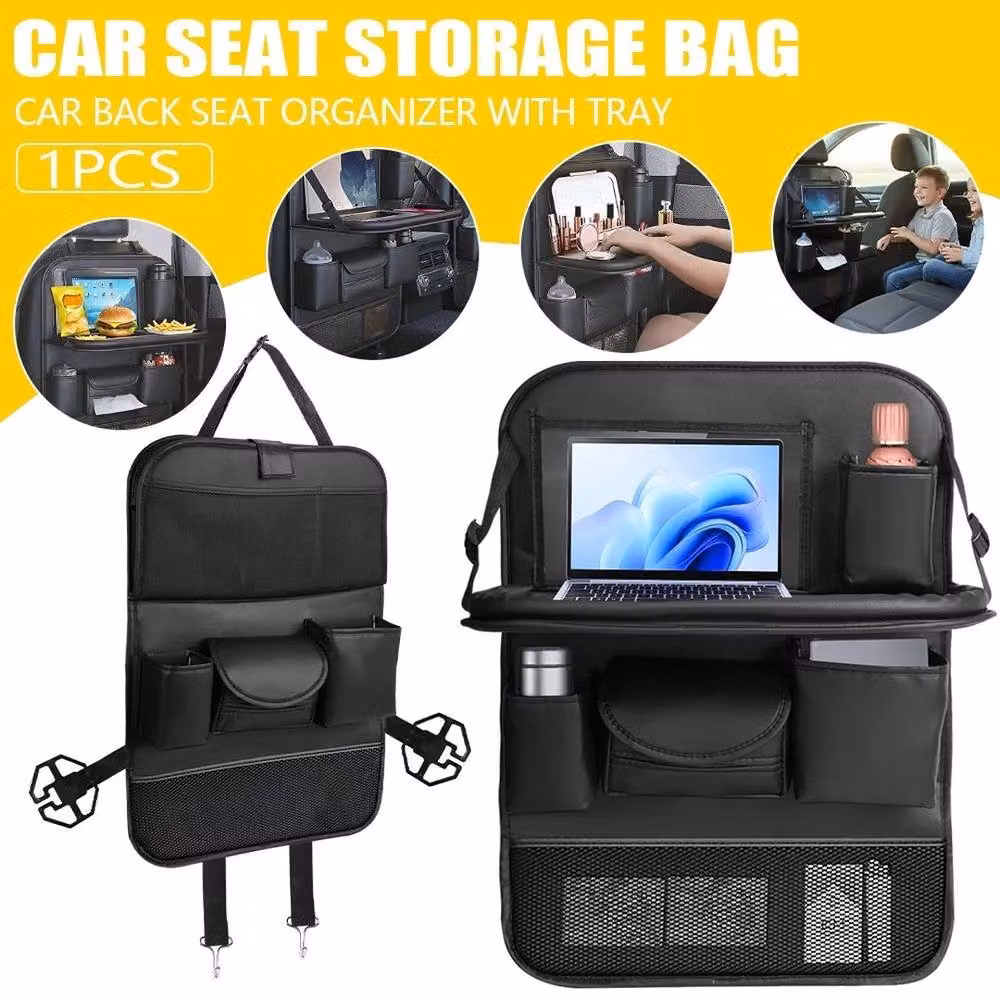 FLAVORA Black PU Leather Car Seat Organiser with Foldable Tray and Multi-Pocket Design – 3