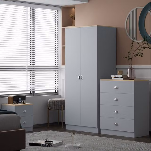 FWStyle Esher 2 Door Wardrobe in Matt Grey with Light Oak Top