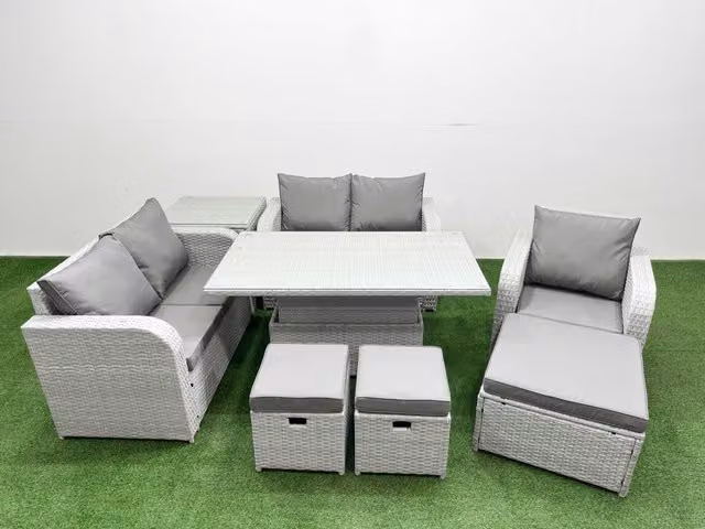 Fimous Grey Poly Rattan Garden Furniture Set with High Back Reclining Chair, Loveseat Sofa and Adjustable Lifting Table