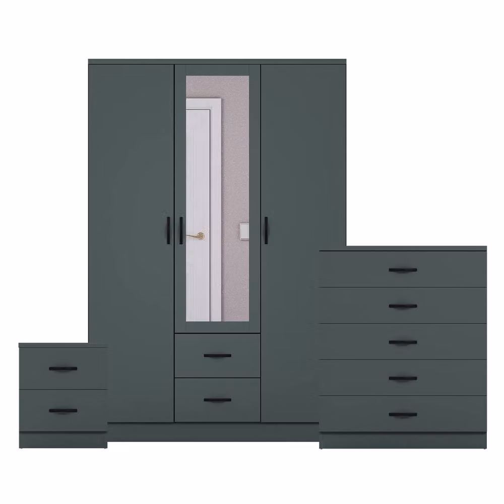 Vida Designs 3 Piece Modern Green Bedroom Set Including 2 Bedside Tables, 4 Drawer Chest and Mirror Wardrobe – 2