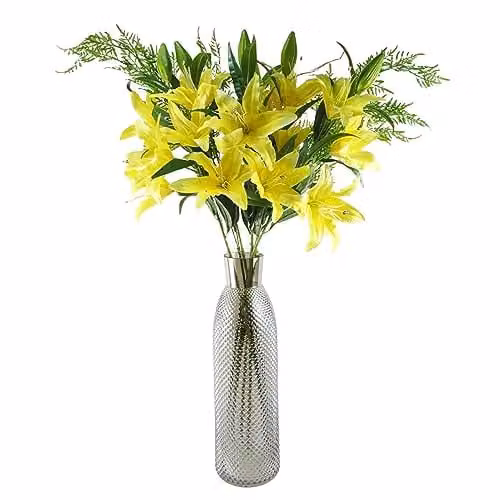 Leaf Yellow Lily and Fern Artificial Floral Display with Grey Glass Vase, Height: 100 cm
