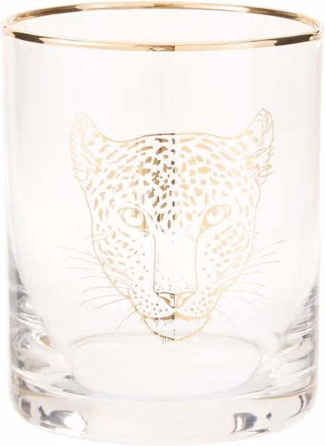 Orsina Leopard Print Handcrafted Glass Tumbler, 380ml, Transparent and Gold