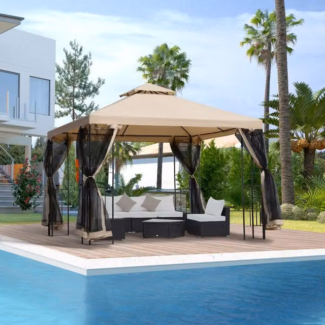 Outsunny Metal Gazebo Patio Pavilion Canopy Tent with Shelving in Beige – 2