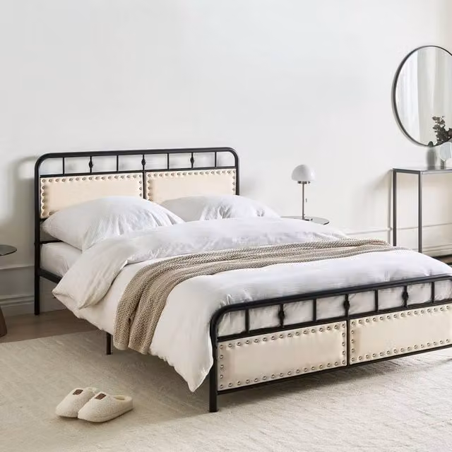 Wyld and Coco Industrial Black Metal Bed with Fabric Headboard, Double 4ft6 – 1