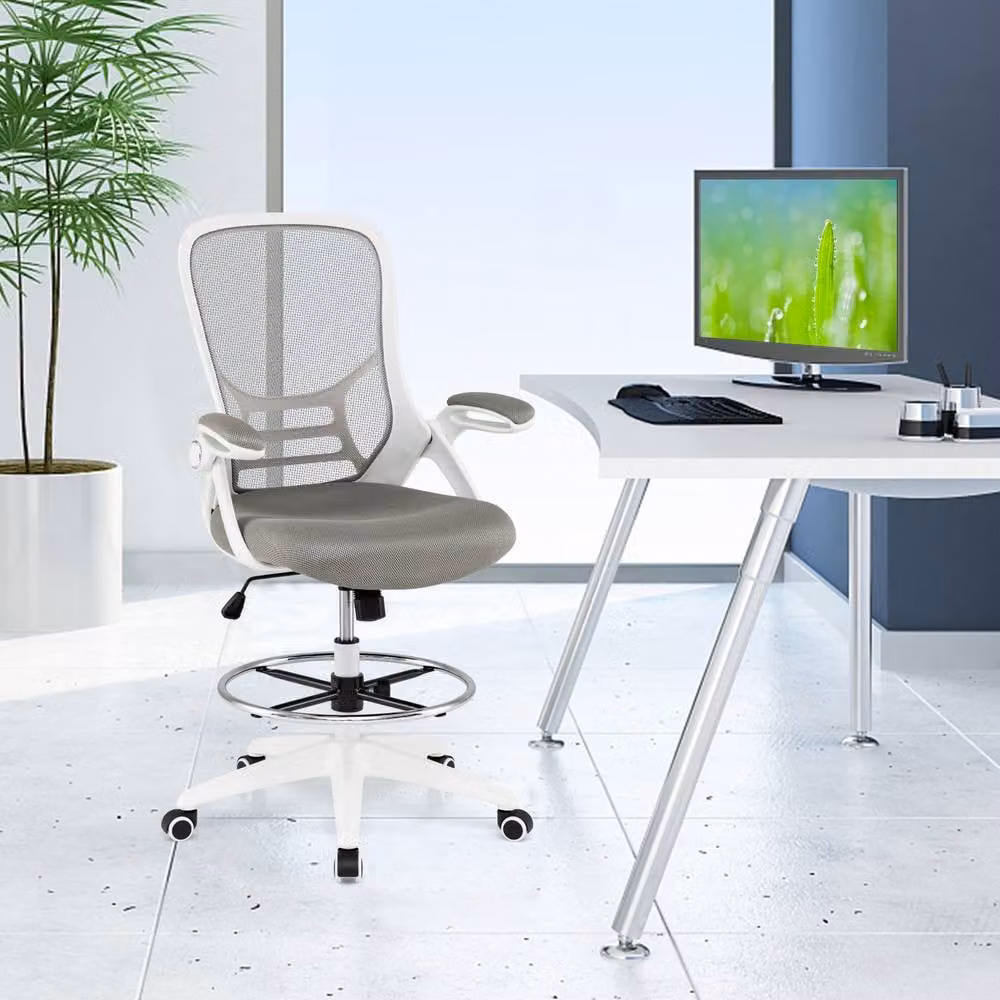 Costway Ergonomic Mesh Drafting Chair in White with Swivel and Foot Ring – 4