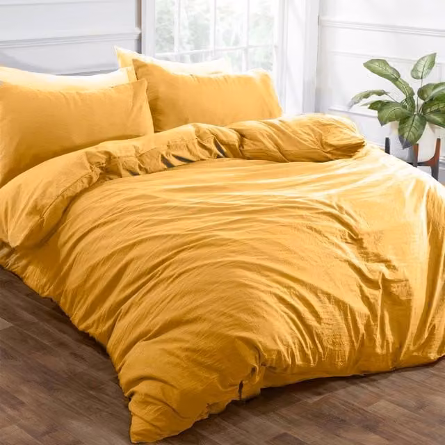 Brentfords Yellow Washed Linen Look Microfibre Duvet Cover Set with 3 Pillowcases, W: 140 cm, L: 200 cm