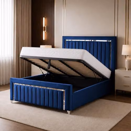 Living Comfort Bedz Zurich Plush Velvet Super King Gas Lift Storage Bed in Blue with Silver Trim Detailing – 1