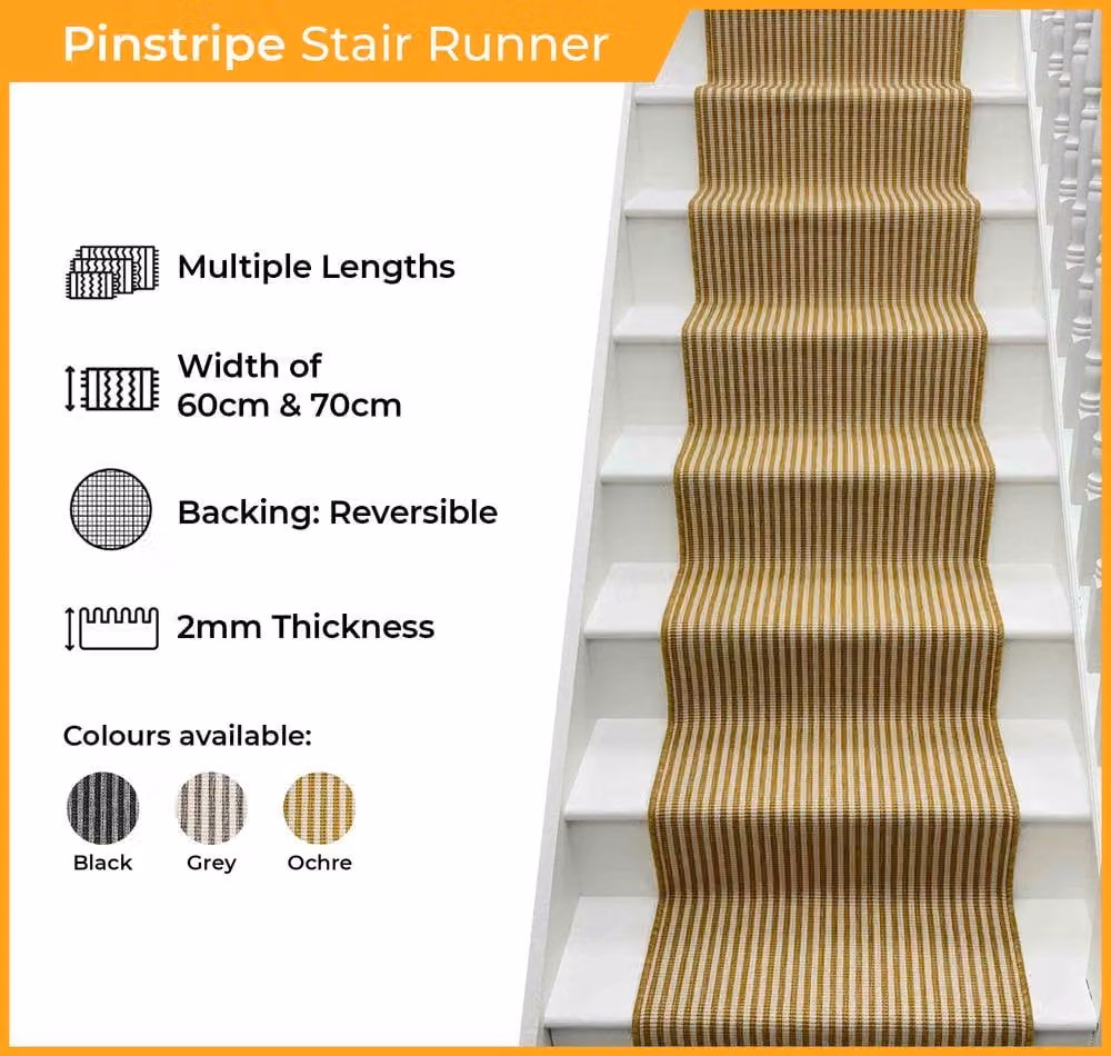 runrug Pinstripe Stair Runner Carpet, Reversible and Durable, Beige, W: 70 cm, L: 540 cm – 2