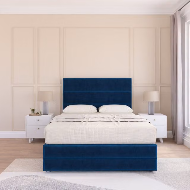 Sloomy Monaco Divan Bed Set with Matching Footboard in Navy Blue Plush Velvet, W/D/H: 90 x 190 cm