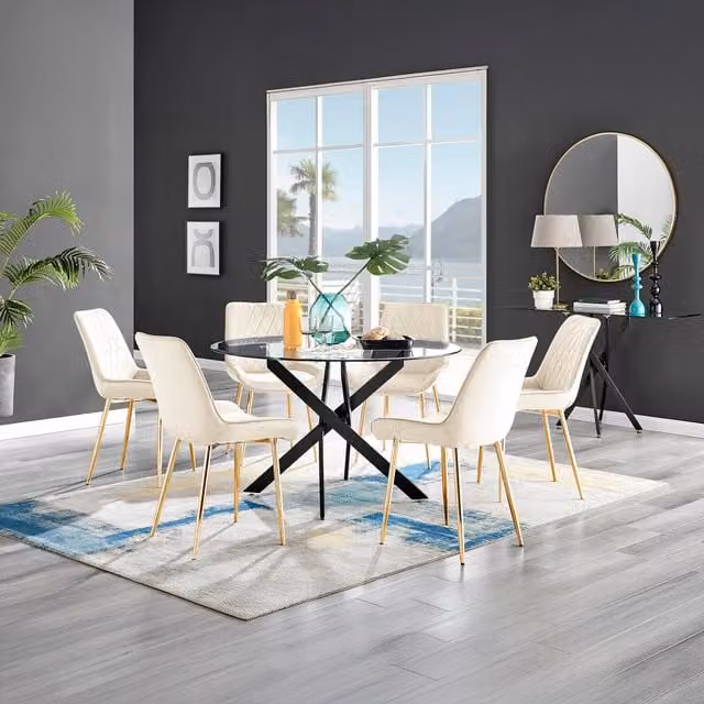 FurnitureboxUK Novara Round Glass Dining Table with 6 Pesaro Gold Leg Chairs in Cream and Black