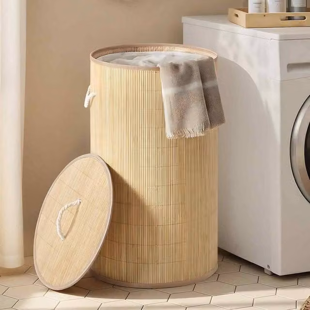The Bazaarist Round Bamboo Laundry Hamper with Lid and Removable Bag in Beige – 1